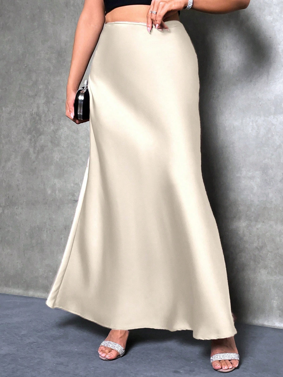 PETITE Women's Solid Color Mermaid Style Skirt, Satin Skirt, Elegant Long Skirt, Suitable For Parties And Everyday Wear,Petite Women