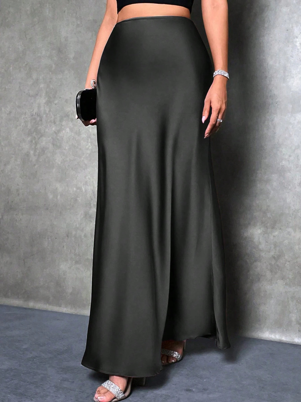 PETITE Women's Solid Color Mermaid Style Skirt, Satin Skirt, Elegant Long Skirt, Suitable For Parties And Everyday Wear,Petite Women