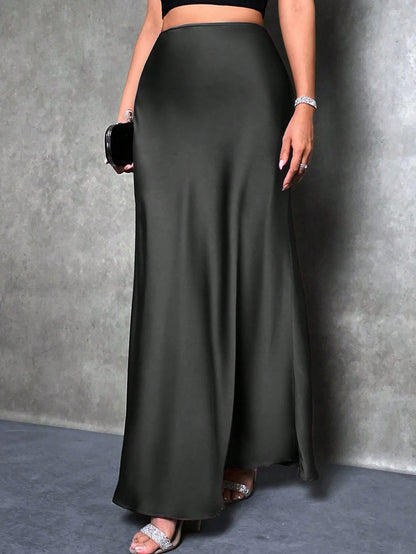 PETITE Women's Solid Color Mermaid Style Skirt, Satin Skirt, Elegant Long Skirt, Suitable For Parties And Everyday Wear,Petite Women