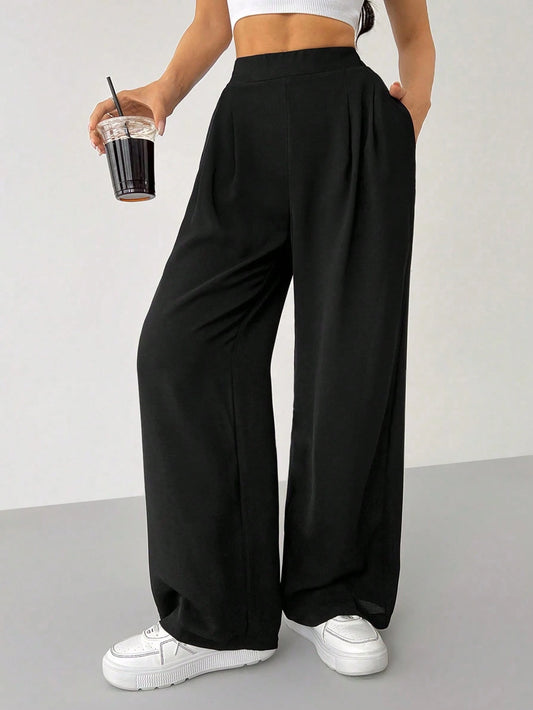 PETITE Women's Solid Color Simple Daily Basic Pants,Petite Women Teachers' Day Work Office Black Autumn Casual Basic