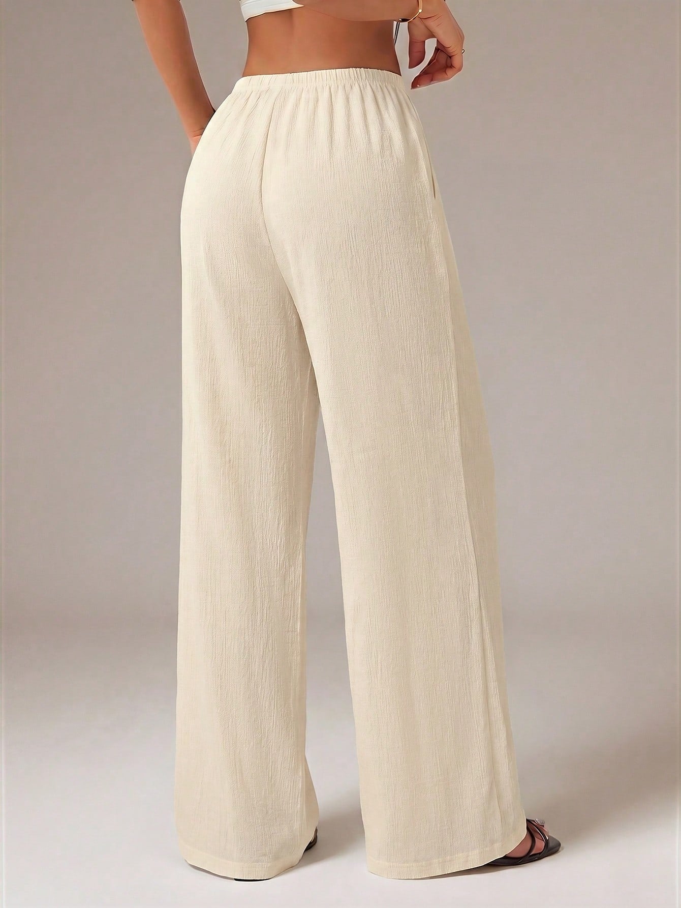 PETITE Women's Solid Color Tie Waist Wide Leg Loose Casual Versatile Pants Vacation Beige Summer