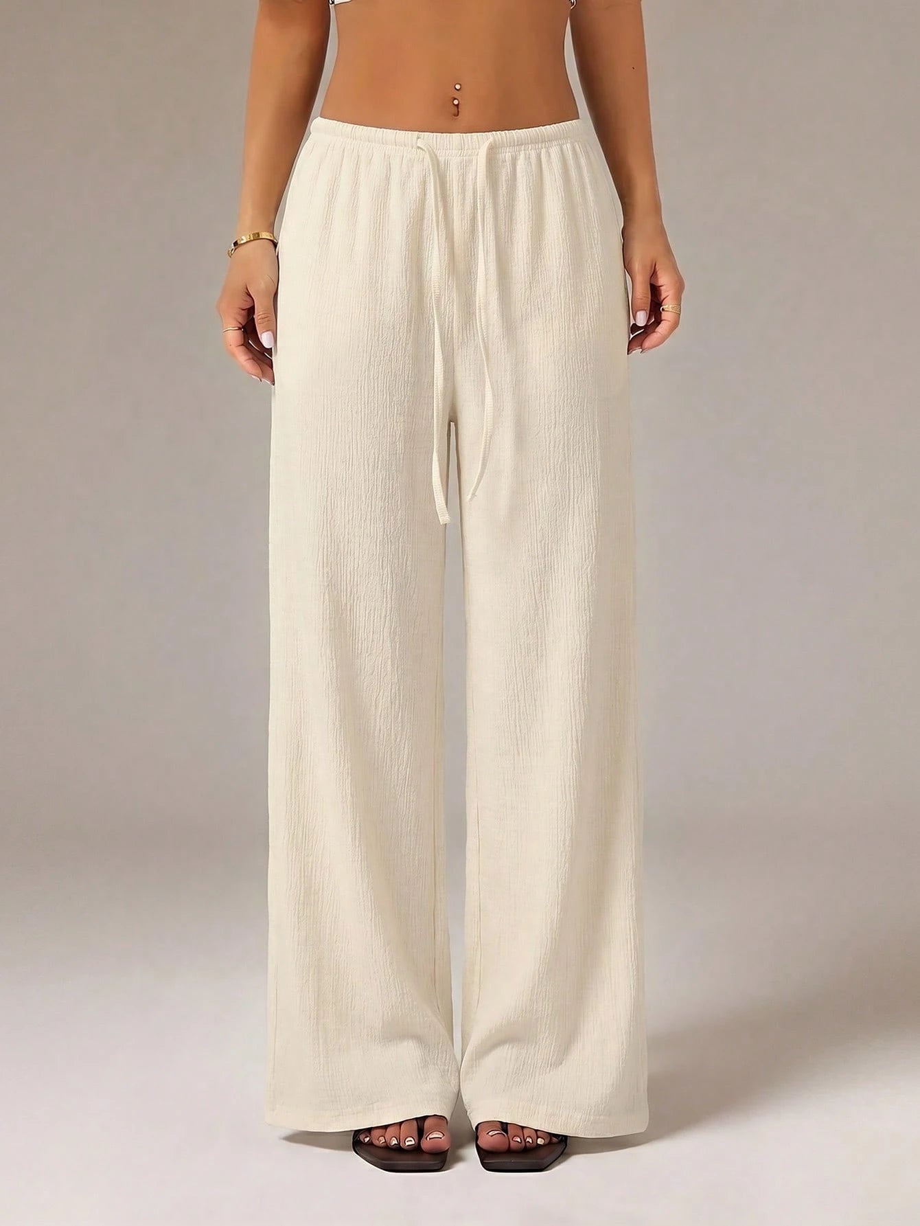 PETITE Women's Solid Color Tie Waist Wide Leg Loose Casual Versatile Pants Vacation Beige Summer