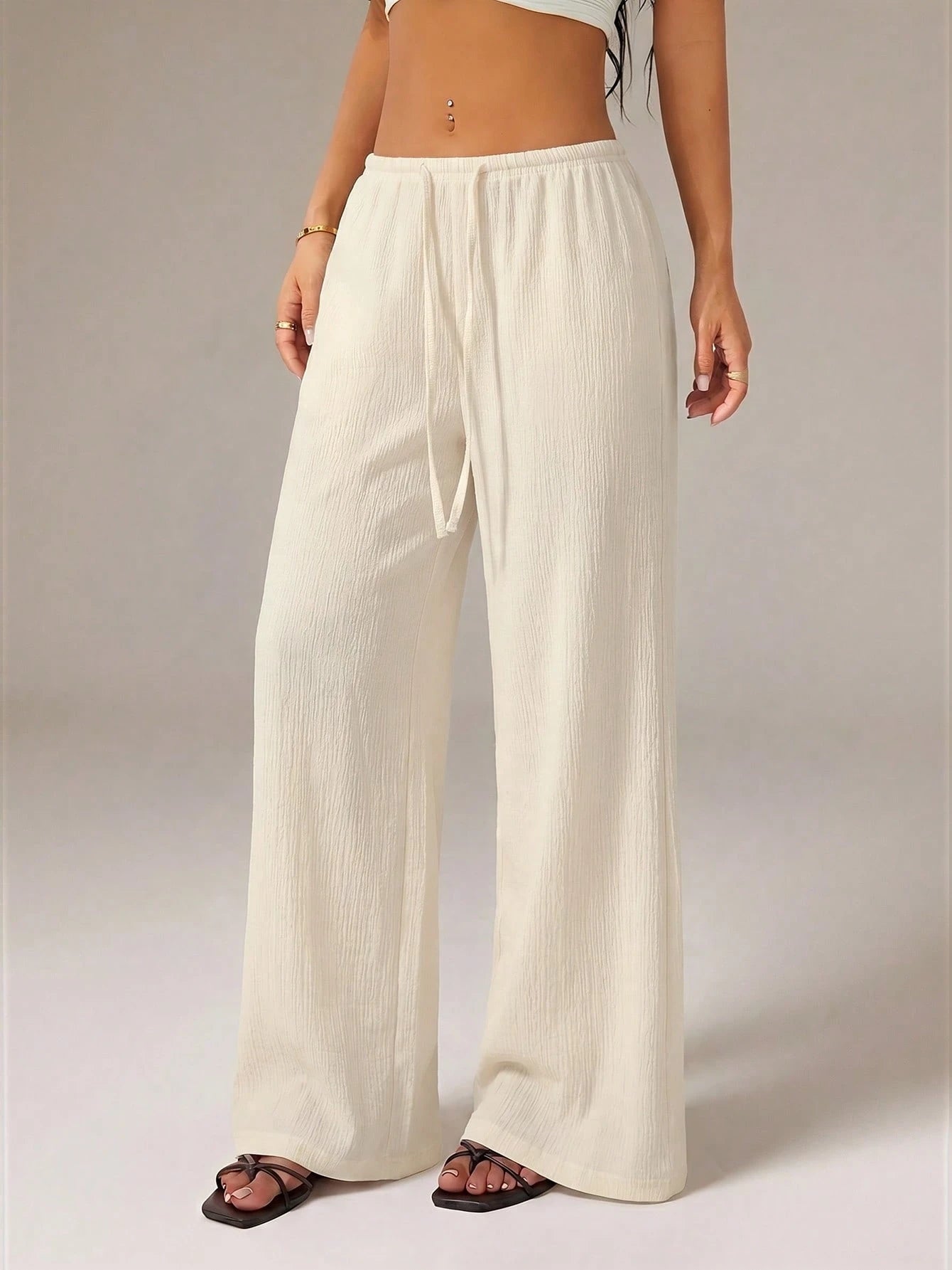 PETITE Women's Solid Color Tie Waist Wide Leg Loose Casual Versatile Pants Vacation Beige Summer