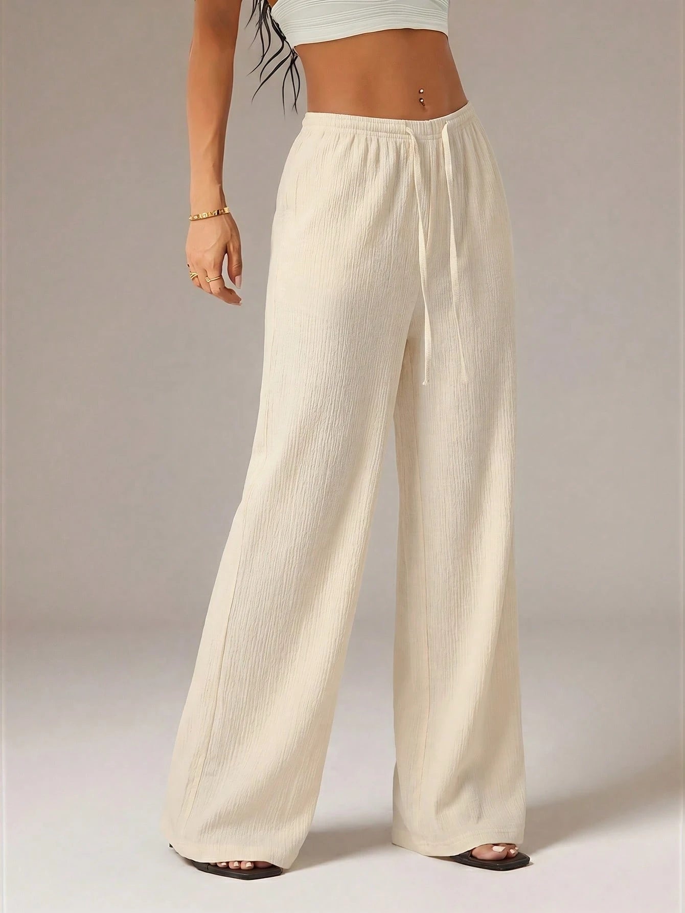 PETITE Women's Solid Color Tie Waist Wide Leg Loose Casual Versatile Pants Vacation Beige Summer