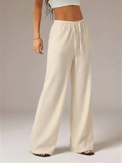 PETITE Women's Solid Color Tie Waist Wide Leg Loose Casual Versatile Pants Vacation Beige Summer