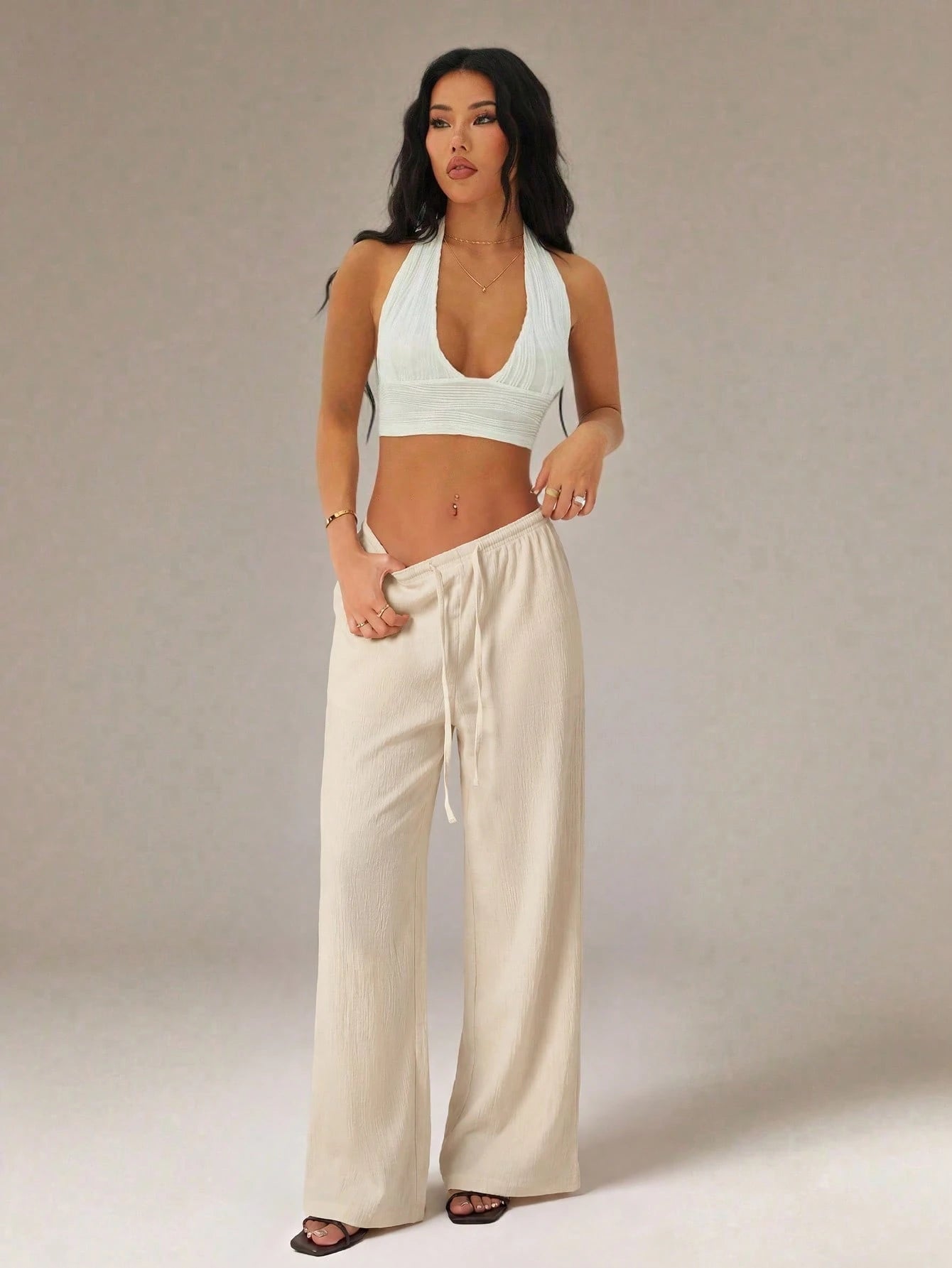 PETITE Women's Solid Color Tie Waist Wide Leg Loose Casual Versatile Pants Vacation Beige Summer