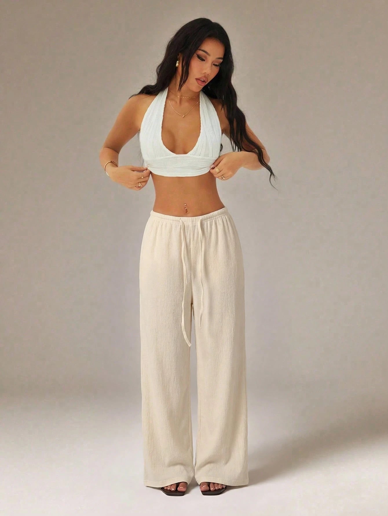 PETITE Women's Solid Color Tie Waist Wide Leg Loose Casual Versatile Pants Vacation Beige Summer