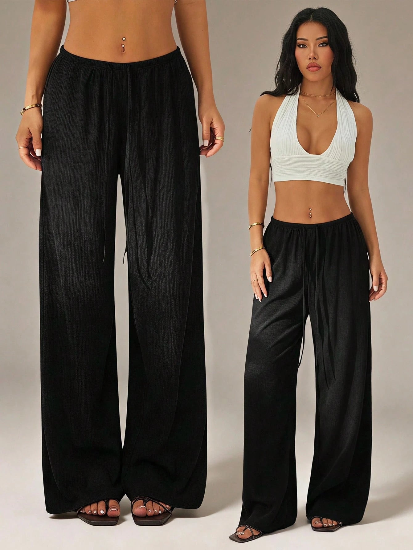 PETITE Women's Solid Color Tie Waist Wide Leg Loose Casual Versatile Pants Vacation Beige Summer