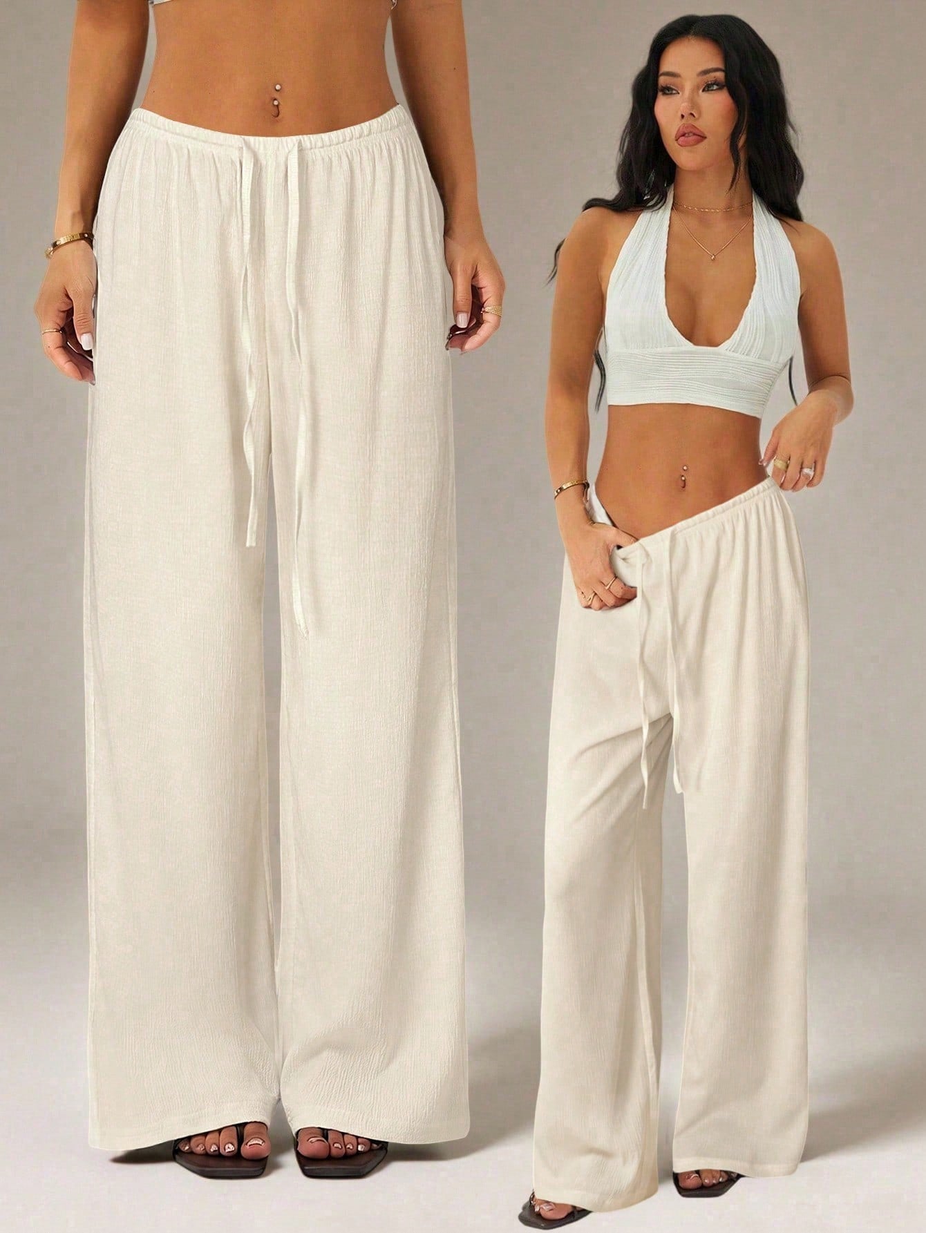 PETITE Women's Solid Color Tie Waist Wide Leg Loose Casual Versatile Pants Vacation Beige Summer