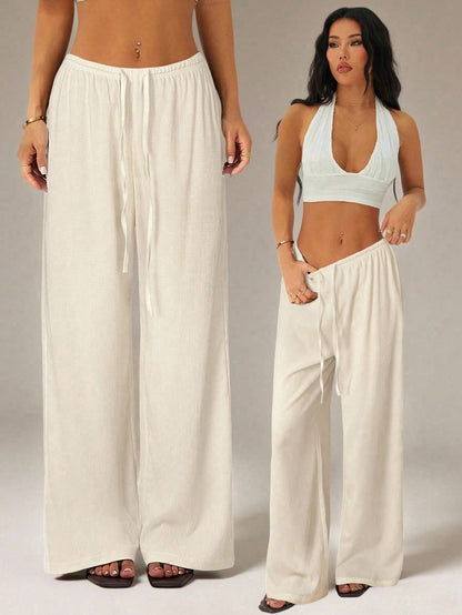 PETITE Women's Solid Color Tie Waist Wide Leg Loose Casual Versatile Pants Vacation Beige Summer