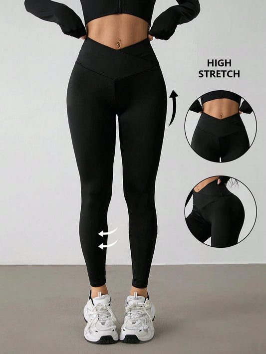 PETITE Women's Solid Color V-Waist Elastic Skinny Pants,Petite Women Gym Black Autumn Sporty