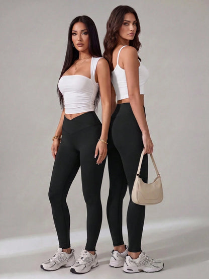 PETITE Women's Solid Color V-Waist Elastic Skinny Pants,Petite Women Gym Black Autumn Sporty