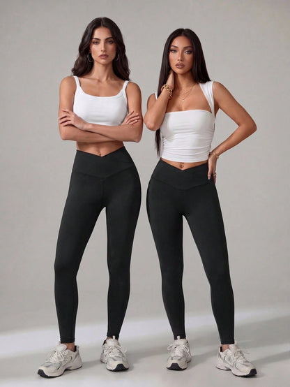 PETITE Women's Solid Color V-Waist Elastic Skinny Pants,Petite Women Gym Black Autumn Sporty