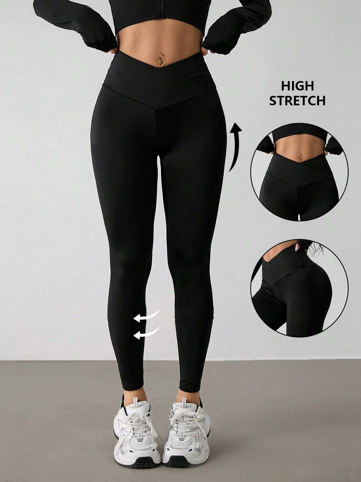 PETITE Women's Solid Color V-Waist Elastic Skinny Pants,Petite Women Gym Black Autumn Sporty
