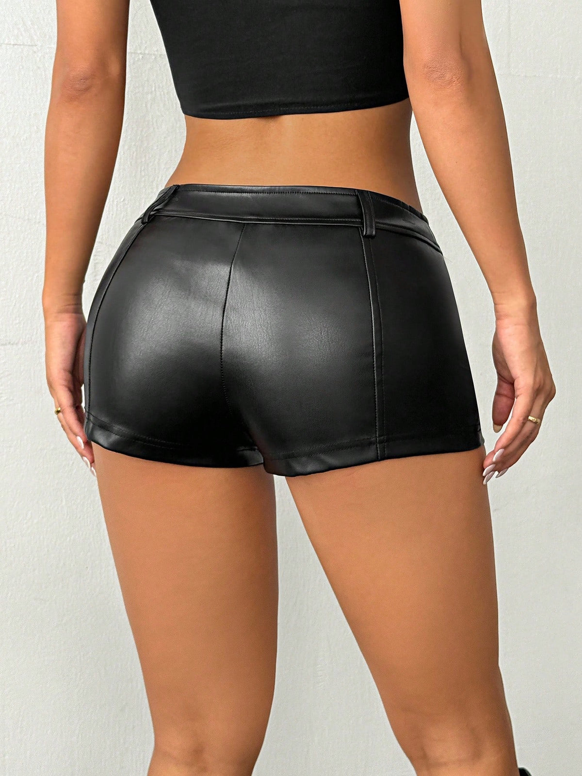 PETITE Women's Solid Color Zipper Front Casual Shorts,Micro Shorts Black Leather Short Crop Top Leather Shorts Leather Crop Top Biker Shorts Sets For Women,Petite Women