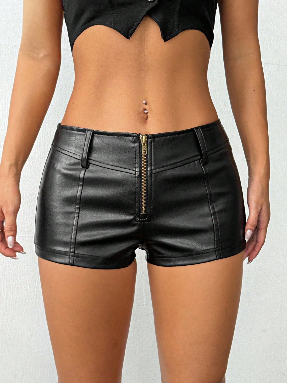 PETITE Women's Solid Color Zipper Front Casual Shorts,Micro Shorts Black Leather Short Crop Top Leather Shorts Leather Crop Top Biker Shorts Sets For Women,Petite Women