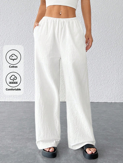 PETITE Women Textured Simple Loose Wide Leg White Pants,Petite Women