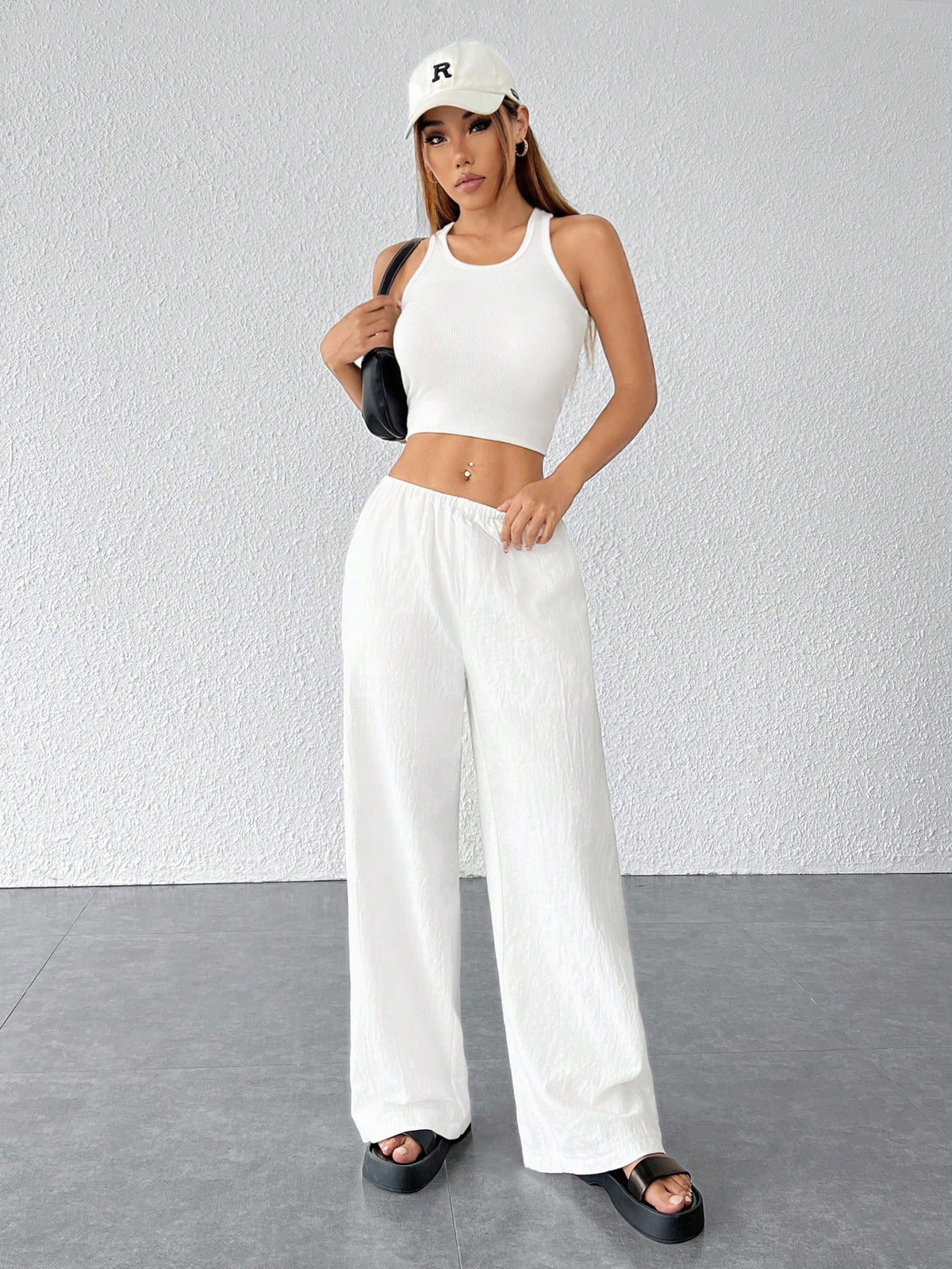 PETITE Women Textured Simple Loose Wide Leg White Pants,Petite Women