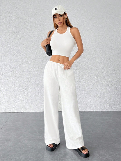 PETITE Women Textured Simple Loose Wide Leg White Pants,Petite Women