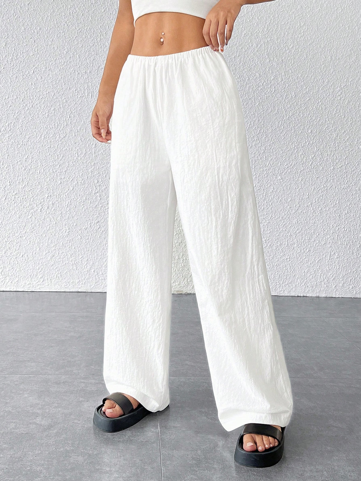 PETITE Women Textured Simple Loose Wide Leg White Pants,Petite Women