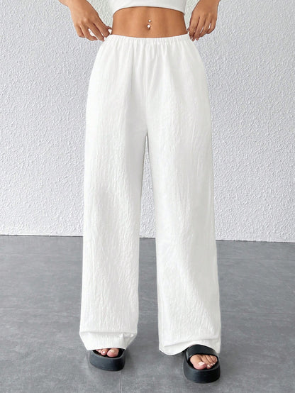 PETITE Women Textured Simple Loose Wide Leg White Pants,Petite Women