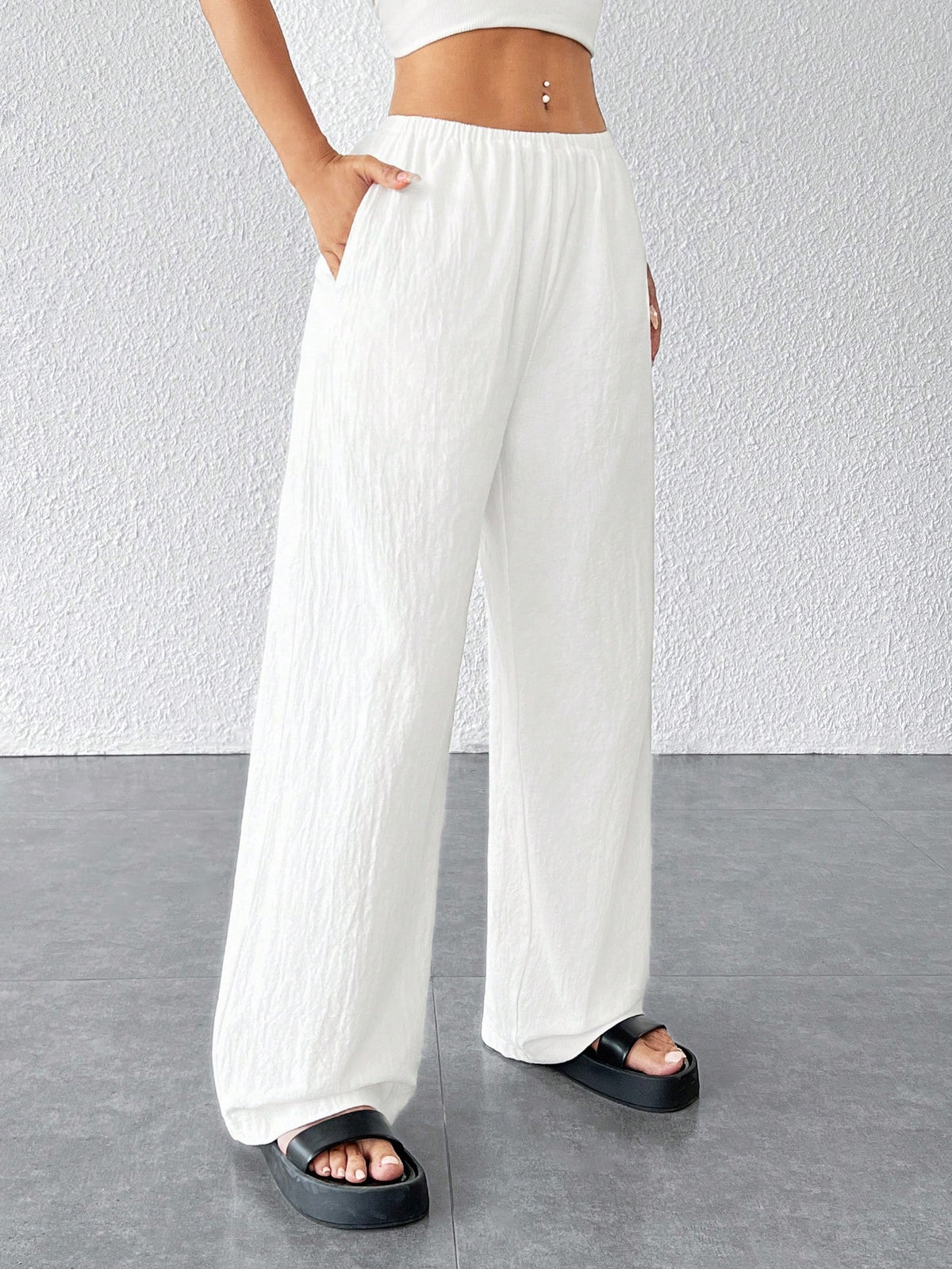 PETITE Women Textured Simple Loose Wide Leg White Pants,Petite Women
