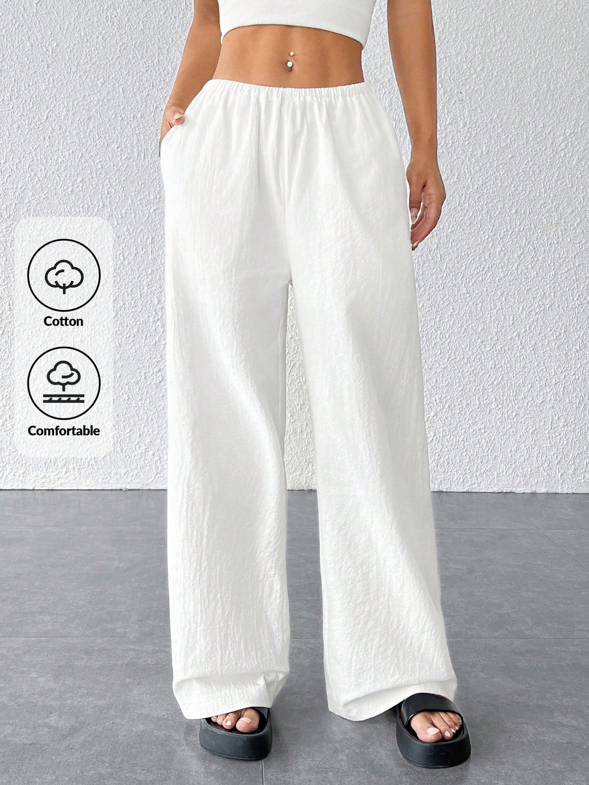 PETITE Women Textured Simple Loose Wide Leg White Pants,Petite Women