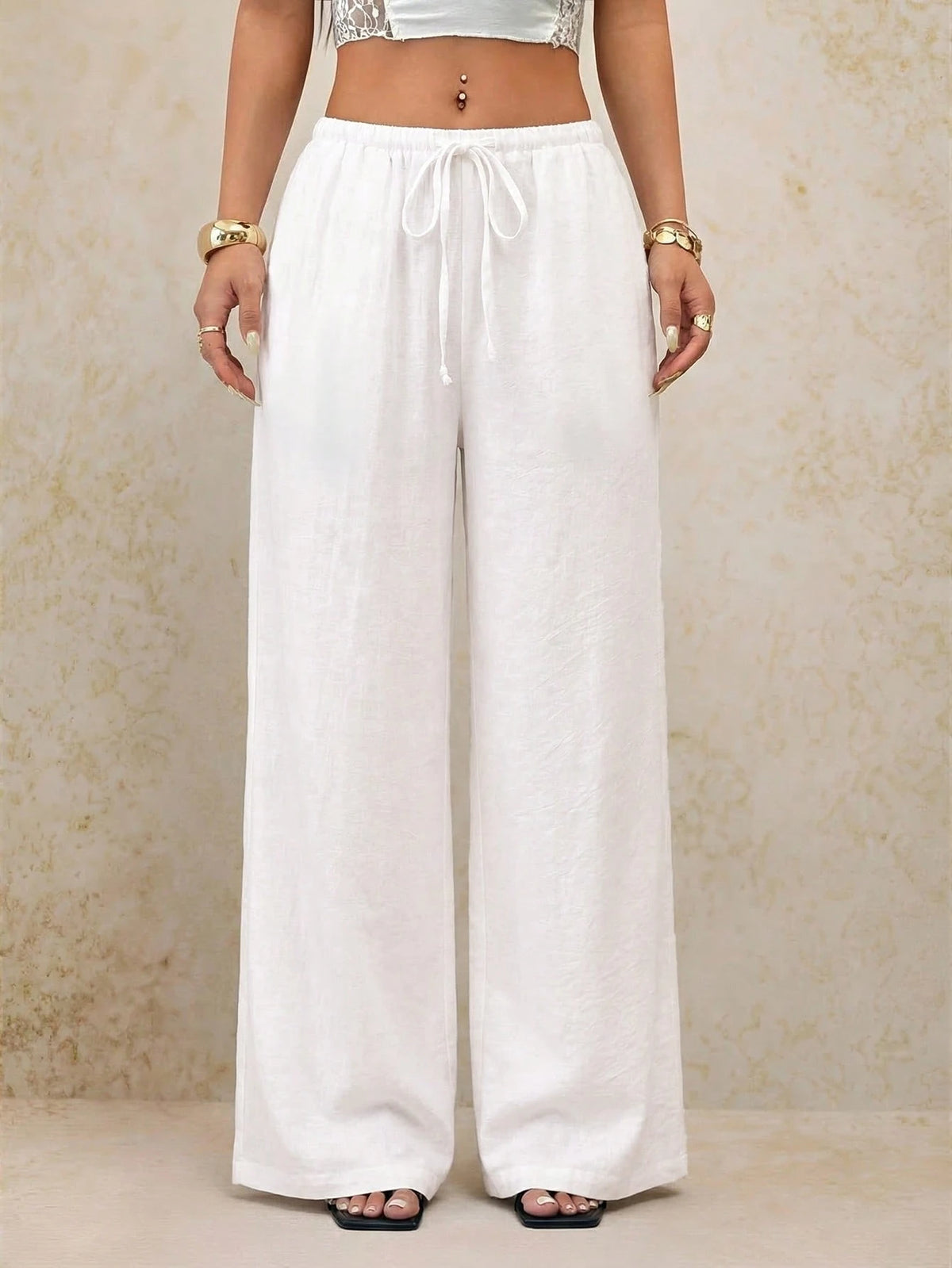 PETITE Women White Summer Boho Vacation Holiday Pants,Elegant Casual Wide Leg Straight Leg Baggy Trousers,Spring&Summer Y2k Fashion Streetwear,Petite Women