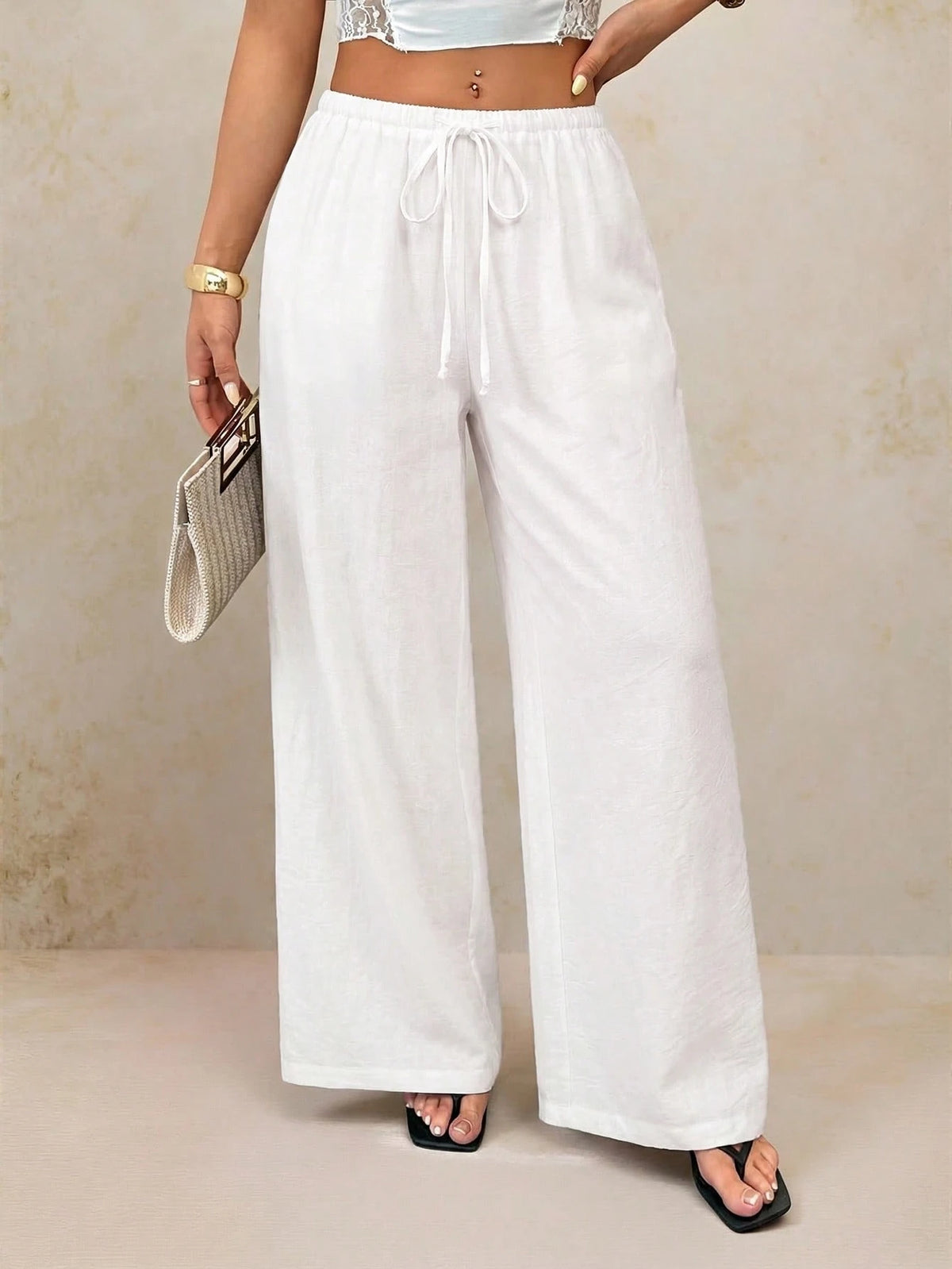 PETITE Women White Summer Boho Vacation Holiday Pants,Elegant Casual Wide Leg Straight Leg Baggy Trousers,Spring&Summer Y2k Fashion Streetwear,Petite Women