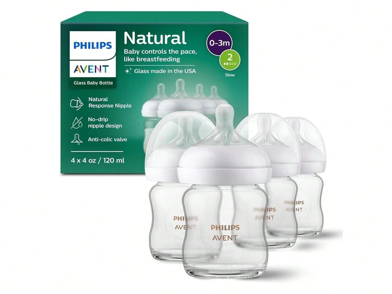 Philips Avent Glass Natural Baby Bottle With Natural Response Nipple, 4oz, 4pk, SCY910/04