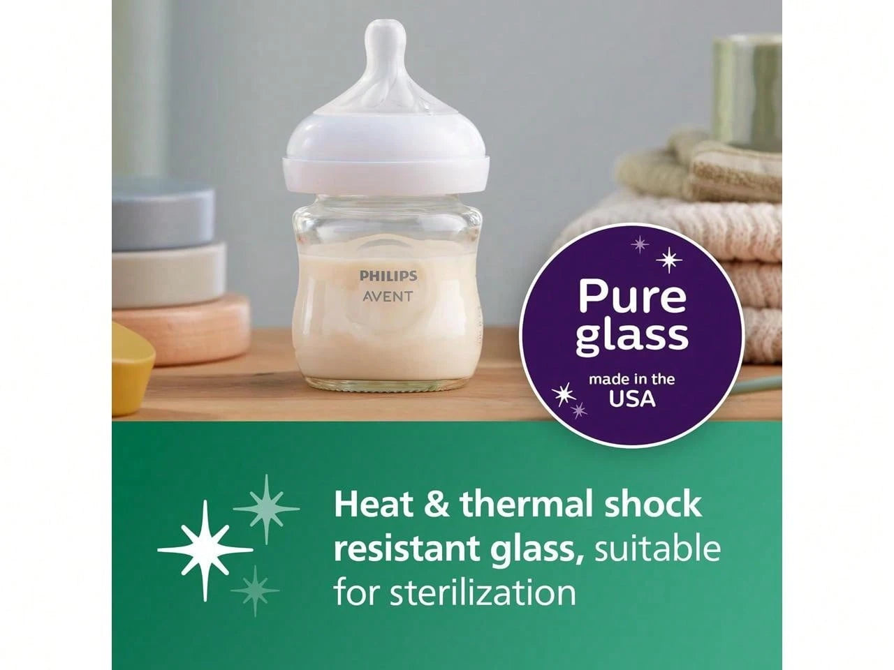 Philips Avent Glass Natural Baby Bottle With Natural Response Nipple, 4oz, 4pk, SCY910/04