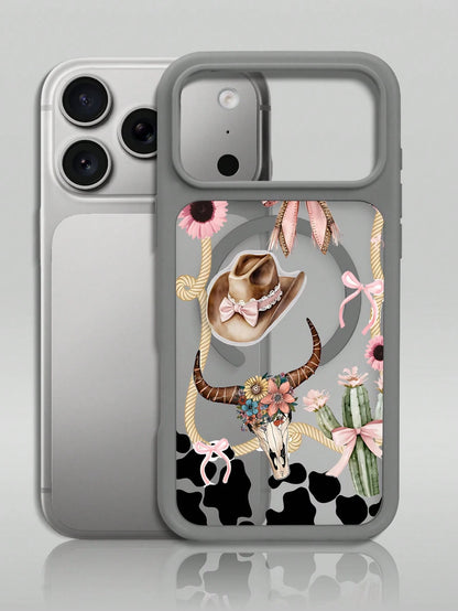 Pink Black Cow Print With Cowboy Hat And Skull Western Style Pattern Creative, Unique, Aesthetic Silky Matte Semi-Translucent Phone Case,MagSafe Case For IPhone17/17 Air/17 Pro/17 ProMax, For IPhone16