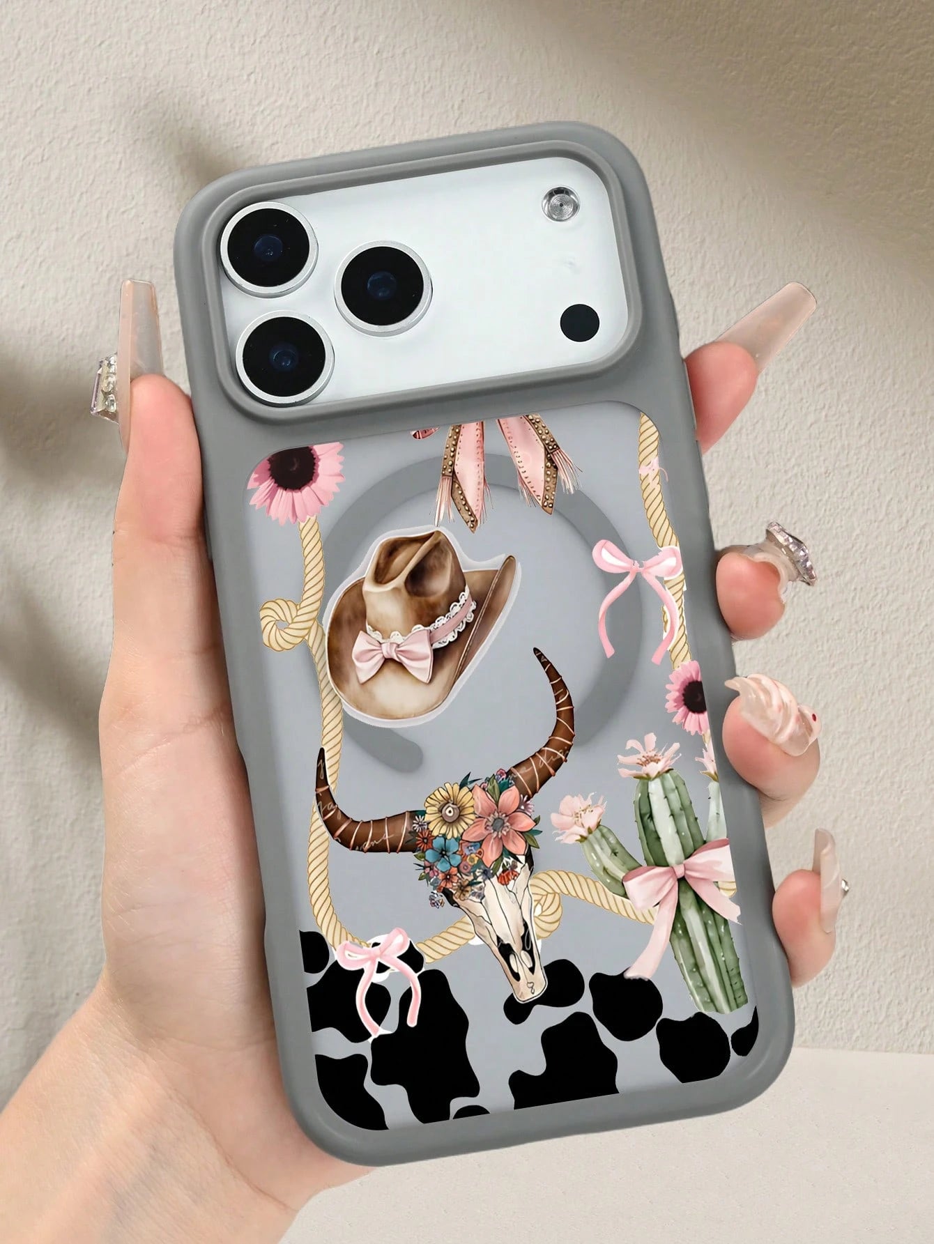 Pink Black Cow Print With Cowboy Hat And Skull Western Style Pattern Creative, Unique, Aesthetic Silky Matte Semi-Translucent Phone Case,MagSafe Case For IPhone17/17 Air/17 Pro/17 ProMax, For IPhone16