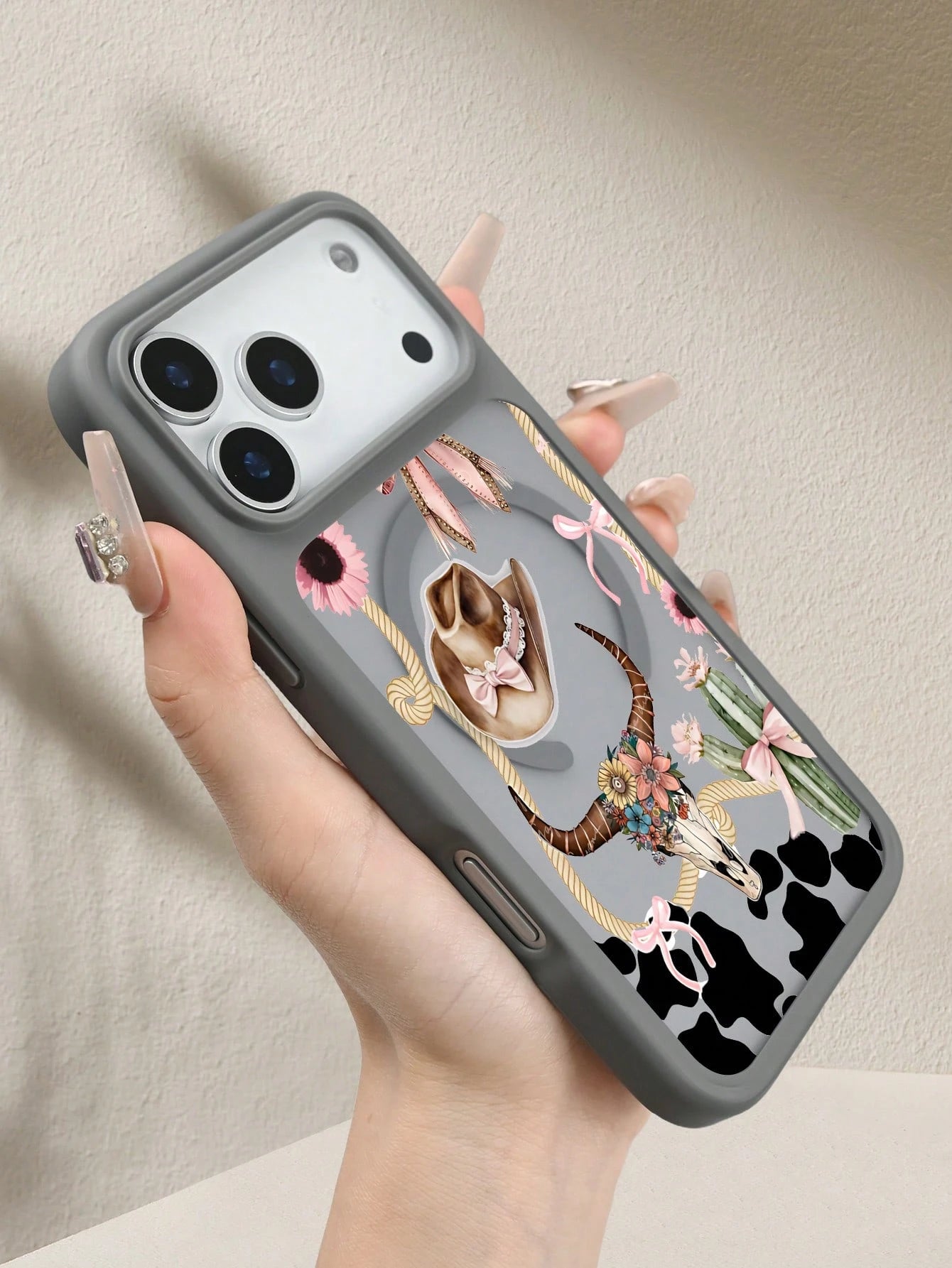 Pink Black Cow Print With Cowboy Hat And Skull Western Style Pattern Creative, Unique, Aesthetic Silky Matte Semi-Translucent Phone Case,MagSafe Case For IPhone17/17 Air/17 Pro/17 ProMax, For IPhone16