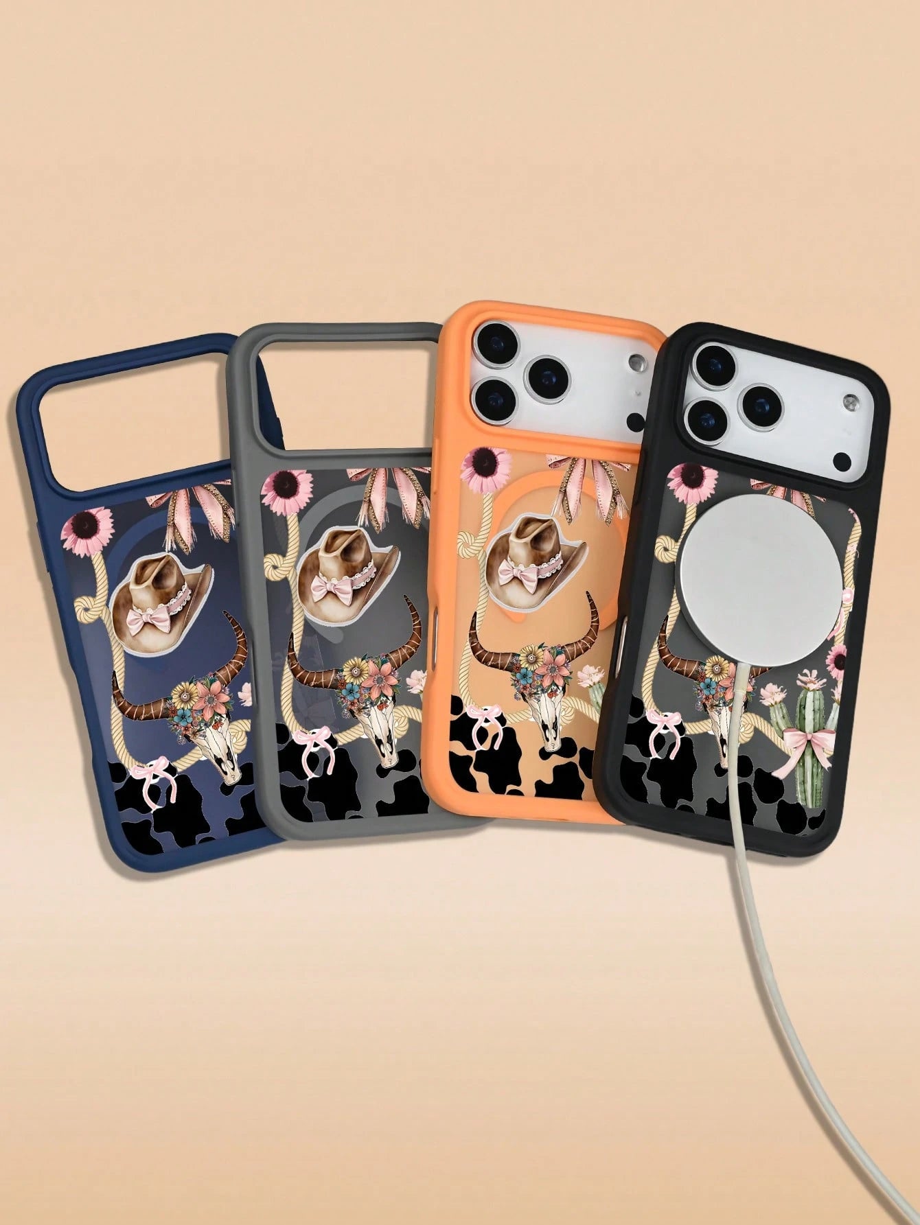 Pink Black Cow Print With Cowboy Hat And Skull Western Style Pattern Creative, Unique, Aesthetic Silky Matte Semi-Translucent Phone Case,MagSafe Case For IPhone17/17 Air/17 Pro/17 ProMax, For IPhone16