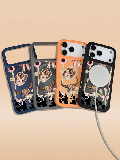 Pink Black Cow Print With Cowboy Hat And Skull Western Style Pattern Creative, Unique, Aesthetic Silky Matte Semi-Translucent Phone Case,MagSafe Case For IPhone17/17 Air/17 Pro/17 ProMax, For IPhone16