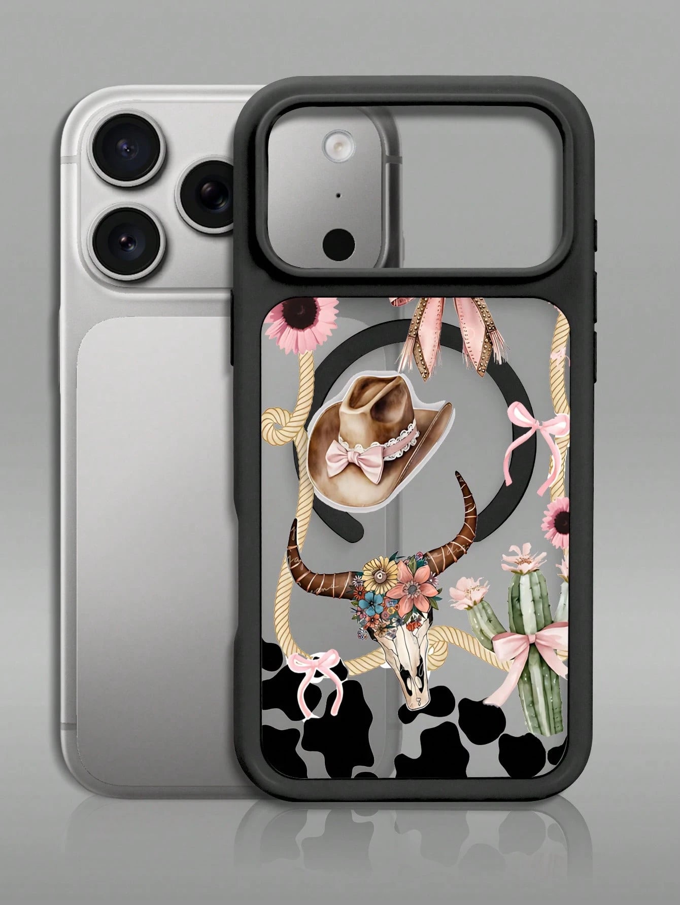Pink Black Cow Print With Cowboy Hat And Skull Western Style Pattern Creative, Unique, Aesthetic Silky Matte Semi-Translucent Phone Case,MagSafe Case For IPhone17/17 Air/17 Pro/17 ProMax, For IPhone16