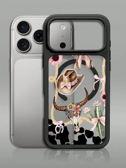 Pink Black Cow Print With Cowboy Hat And Skull Western Style Pattern Creative, Unique, Aesthetic Silky Matte Semi-Translucent Phone Case,MagSafe Case For IPhone17/17 Air/17 Pro/17 ProMax, For IPhone16