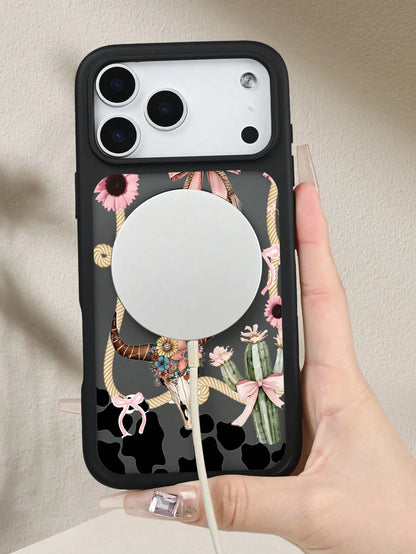 Pink Black Cow Print With Cowboy Hat And Skull Western Style Pattern Creative, Unique, Aesthetic Silky Matte Semi-Translucent Phone Case,MagSafe Case For IPhone17/17 Air/17 Pro/17 ProMax, For IPhone16