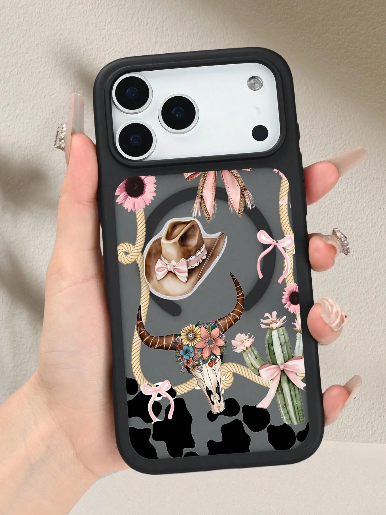 Pink Black Cow Print With Cowboy Hat And Skull Western Style Pattern Creative, Unique, Aesthetic Silky Matte Semi-Translucent Phone Case,MagSafe Case For IPhone17/17 Air/17 Pro/17 ProMax, For IPhone16