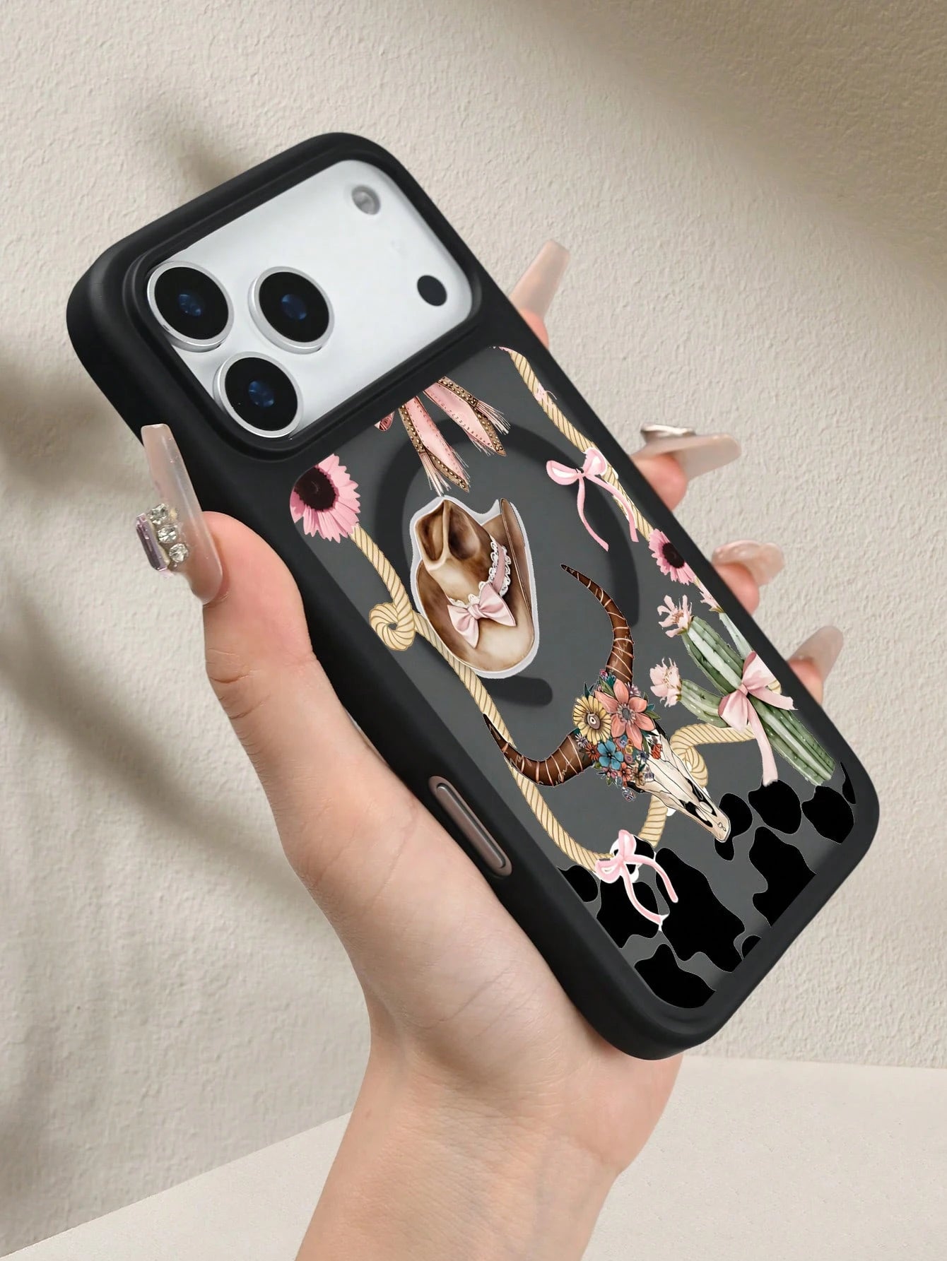 Pink Black Cow Print With Cowboy Hat And Skull Western Style Pattern Creative, Unique, Aesthetic Silky Matte Semi-Translucent Phone Case,MagSafe Case For IPhone17/17 Air/17 Pro/17 ProMax, For IPhone16