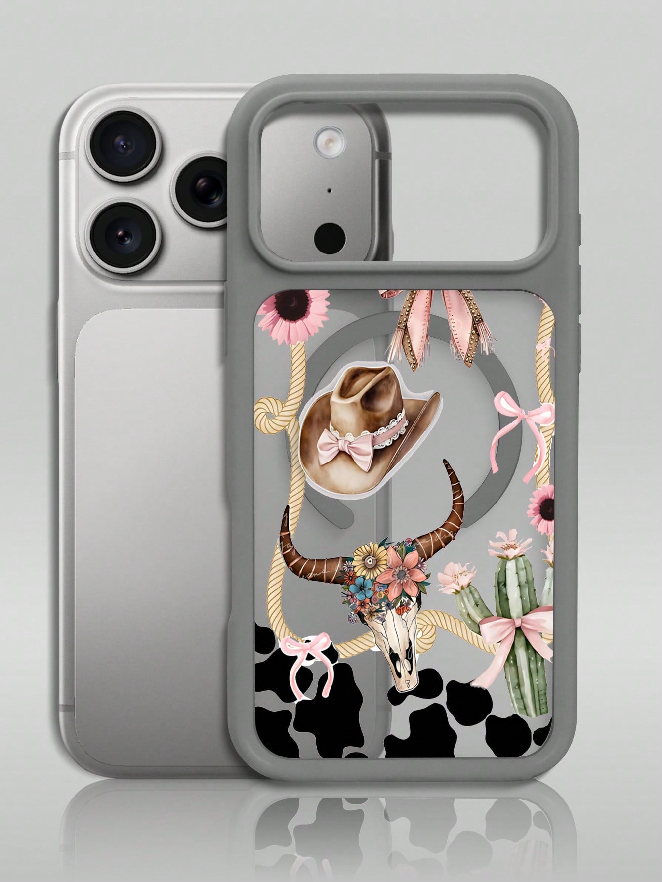 Pink Black Cow Print With Cowboy Hat And Skull Western Style Pattern Creative, Unique, Aesthetic Silky Matte Semi-Translucent Phone Case,MagSafe Case For IPhone17/17 Air/17 Pro/17 ProMax, For IPhone16