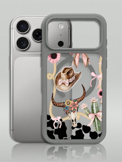 Pink Black Cow Print With Cowboy Hat And Skull Western Style Pattern Creative, Unique, Aesthetic Silky Matte Semi-Translucent Phone Case,MagSafe Case For IPhone17/17 Air/17 Pro/17 ProMax, For IPhone16