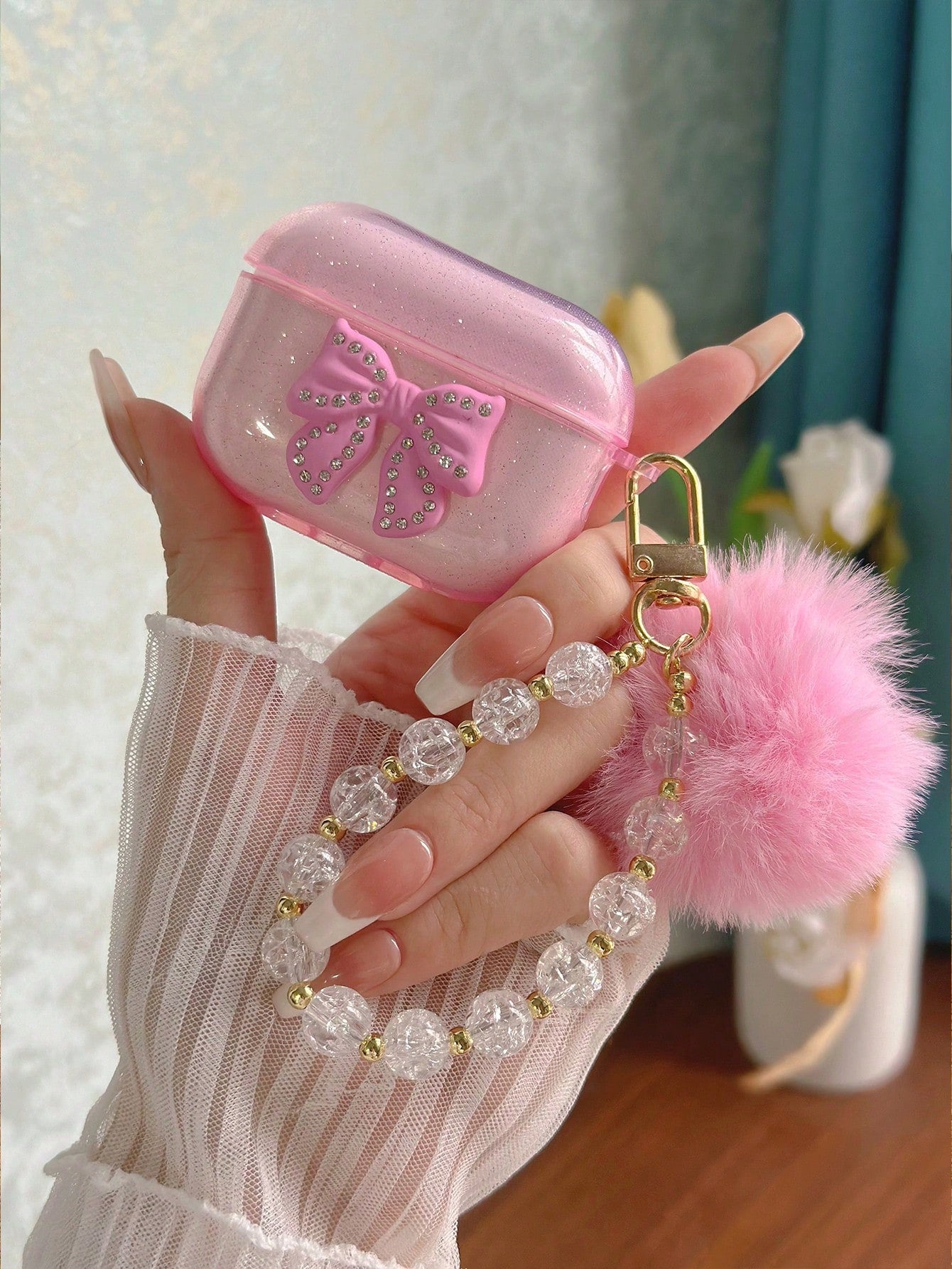 Pink Bowknot Element Bluetooth Earphone Case Apple Aesthetic Pink Transparent Glitter Earphone Case With 3D Rhinestone Bowknot, Icy Flower Pom Pom Beaded Earphone Chain Spring Gift