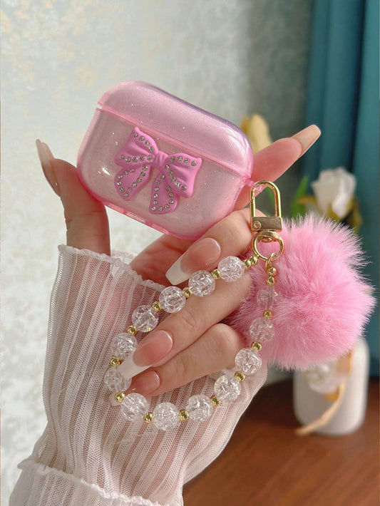 Pink Bowknot Element Bluetooth Earphone Case Apple Aesthetic Pink Transparent Glitter Earphone Case With 3D Rhinestone Bowknot, Icy Flower Pom Pom Beaded Earphone Chain Spring Gift
