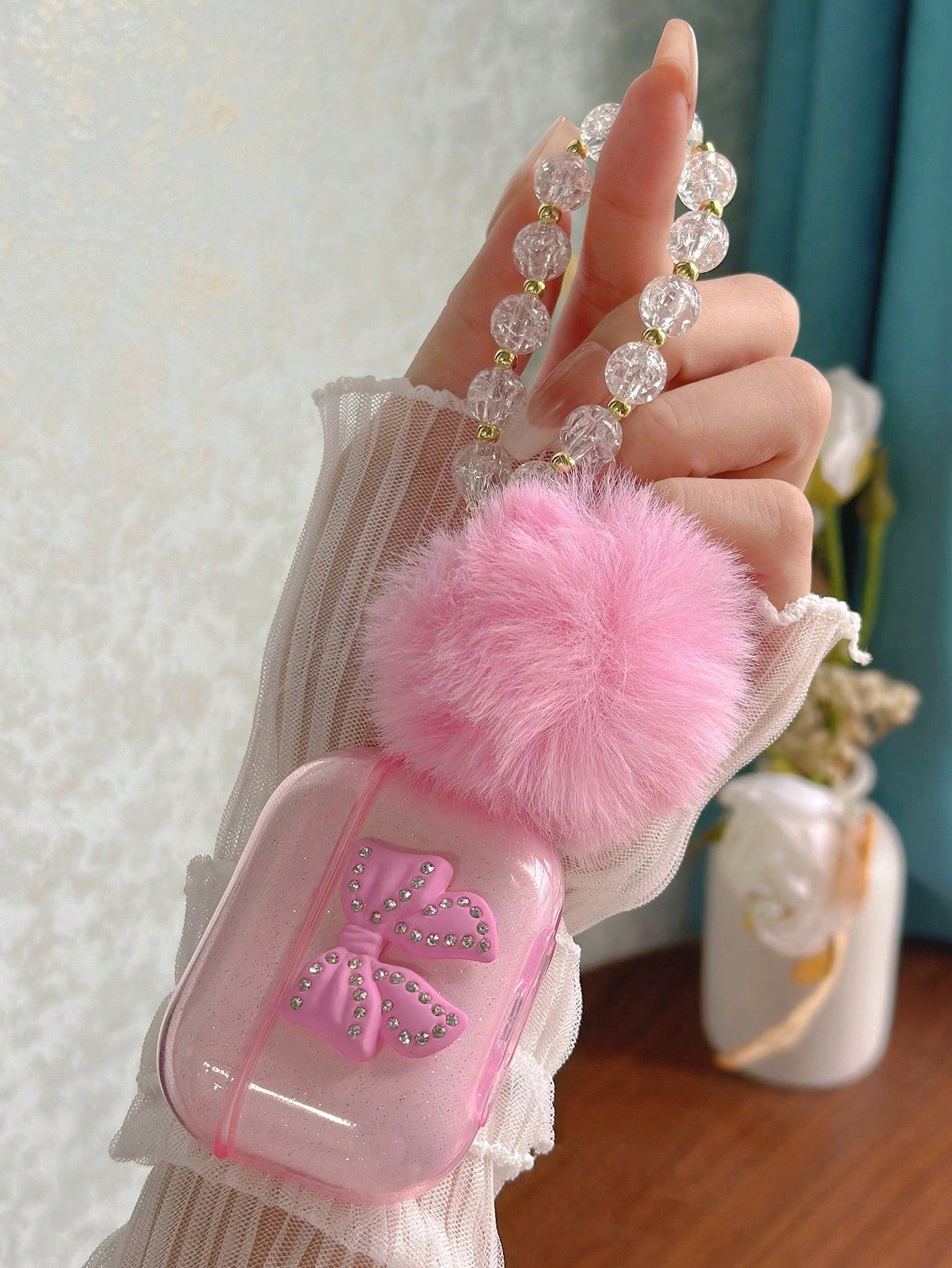 Pink Bowknot Element Bluetooth Earphone Case Apple Aesthetic Pink Transparent Glitter Earphone Case With 3D Rhinestone Bowknot, Icy Flower Pom Pom Beaded Earphone Chain Spring Gift