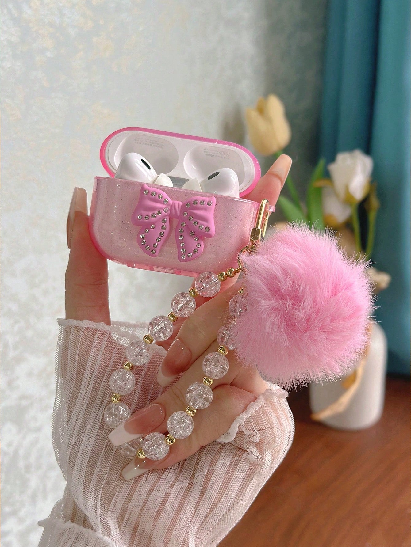 Pink Bowknot Element Bluetooth Earphone Case Apple Aesthetic Pink Transparent Glitter Earphone Case With 3D Rhinestone Bowknot, Icy Flower Pom Pom Beaded Earphone Chain Spring Gift