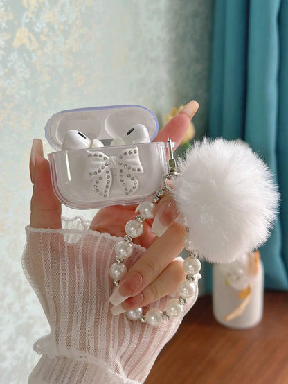 Pink Bowknot Element Bluetooth Earphone Case Apple Aesthetic Pink Transparent Glitter Earphone Case With 3D Rhinestone Bowknot, Icy Flower Pom Pom Beaded Earphone Chain Spring Gift
