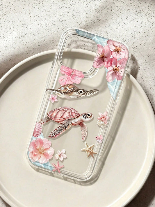 Pink Cherry Blossom Turtle Ocean Print Transparent Shockproof Phone Case, Gentle Summer Vacation Vibe, Compatible With Apple 17/17 Pro/17 Pro Max/16/16 Pro/16 Plus/16 Pro Max/15/15 Pro/15 Plus/14/14 P