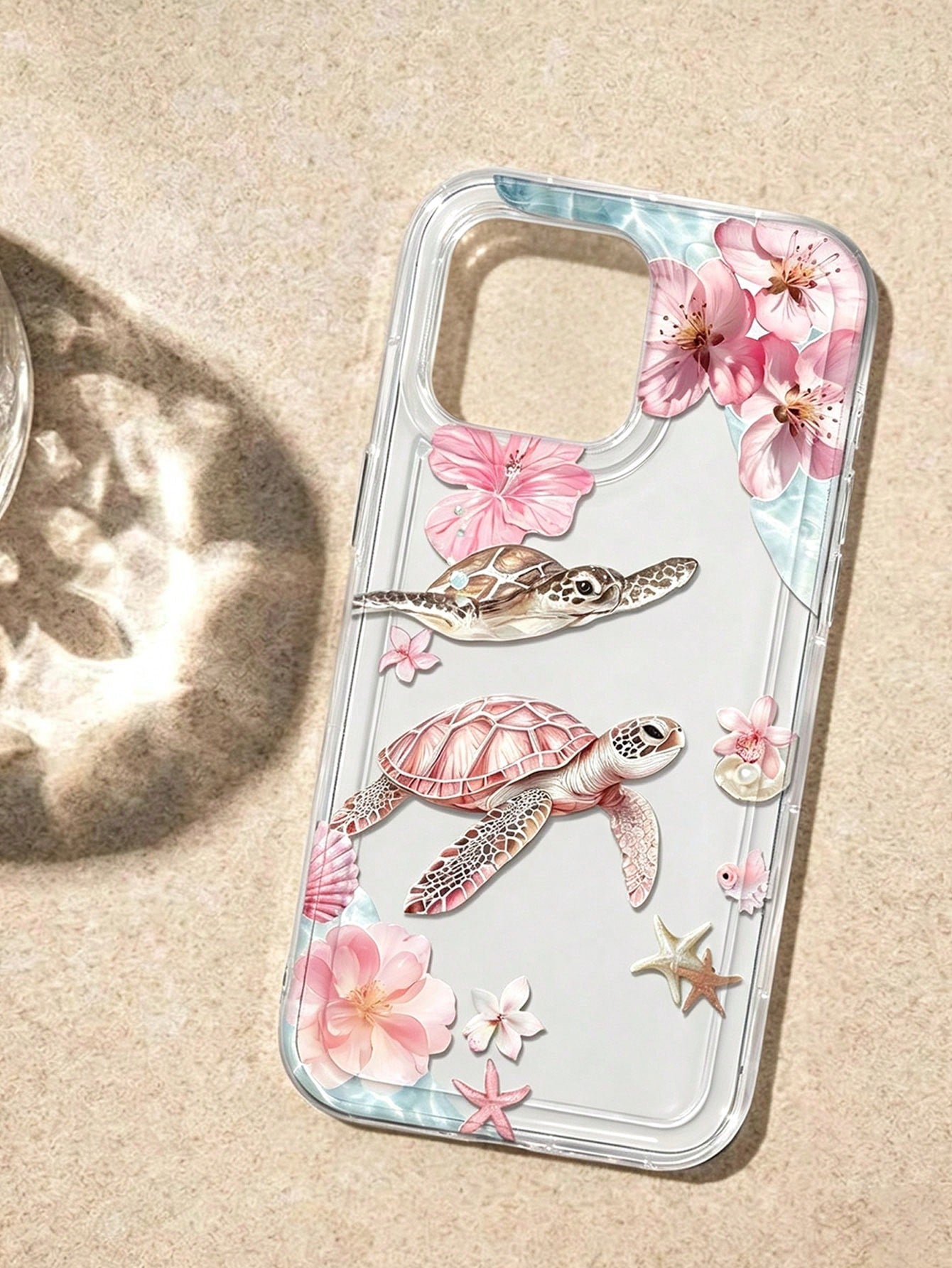 Pink Cherry Blossom Turtle Ocean Print Transparent Shockproof Phone Case, Gentle Summer Vacation Vibe, Compatible With Apple 17/17 Pro/17 Pro Max/16/16 Pro/16 Plus/16 Pro Max/15/15 Pro/15 Plus/14/14 P